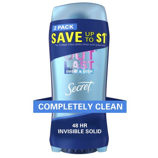 Secret Outlast Invisible Solid Antiperspirant Deodorant, Completely Clean 2.6 oz (Twin Pack)