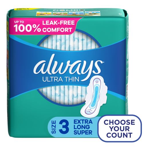 Always Ultra Thin Pads with Wings, Size 3, Extra Long Super, Unscented, 38 Ct