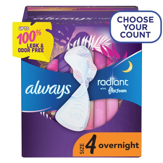 Always Radiant Overnight Pads with Wings, Scented, Size 4, 28 Ct