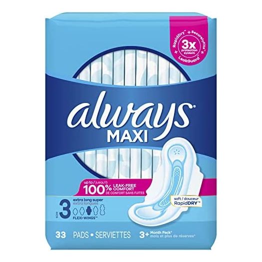 Always Maxi Feminine Pads with Wings for Women, Size 3, Extra Long Super Absorbency, 99 Count, FSA HSA Eligible, Unscented, 33 Count, Pack of 3 (99 Count Total)