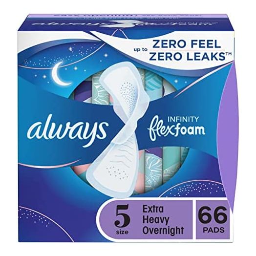 Always Infinity FlexFoam Pads for Women, Size 5, Extra Heavy Overnight Absorbency, Unscented, 22 Count (Pack of 3, Total 66 Count)