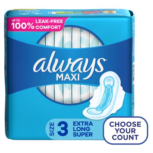 Always Maxi Pads, Winged, Unscented, Super, Extra Long, Size 3, 33 Ct