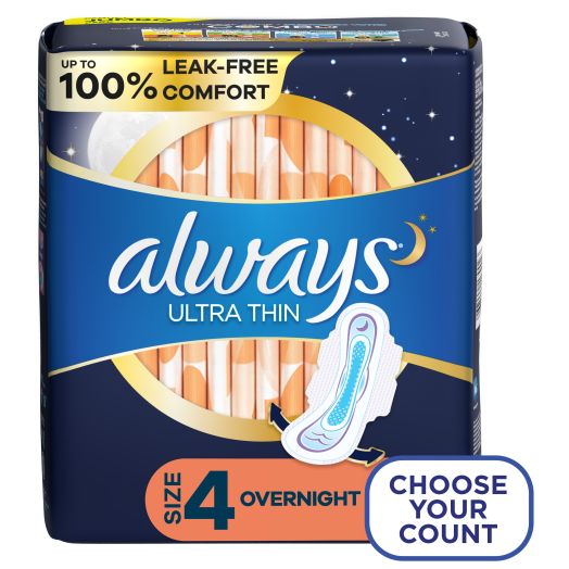 Always Ultra Thin Overnight Pads with Wings, Size 4, 36 Count
