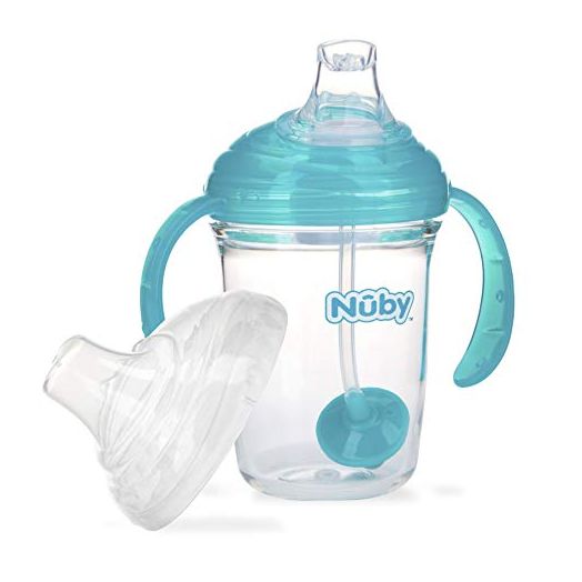 Nuby No Spill 360 Weighted Straw Grip N' Sip Tritan Cup with Hygienic Cover, 8 Oz, Trainer Cup, Teal