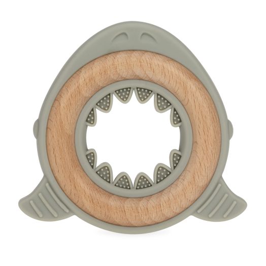 Nuby Natural, Silicone and Wood Teether, Grey Shark
