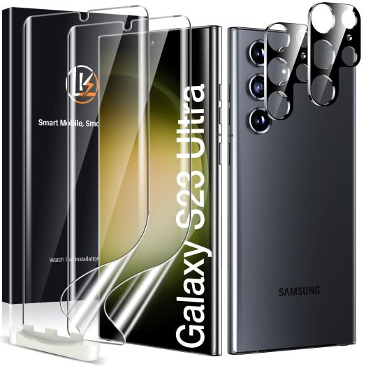 LK 2 Pack for Samsung Galaxy S23 Ultra Screen Protector [Soft TPU Film] with 2 Pack Camera Lens Protector [Touch Sensitive] 3D Curved Max Coverage, Screen Protector for S23 Ultra