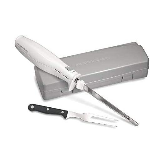 Hamilton Beach Electric Knife for Carving Meats, Poultry, Bread, Crafting Foam & More, Storage Case & Serving Fork Included, White