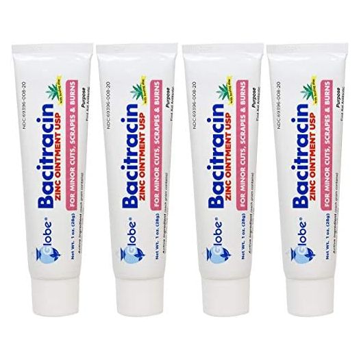 Globe Bacitracin Zinc Ointment + Aloe 1oz, Antibiotic Ointment, Essential Antibiotic First Aid Supplies, Healing Action, Maximum Antibiotic Power, Prevents Infection in cuts, scrapes, Burns (4 Pack)
