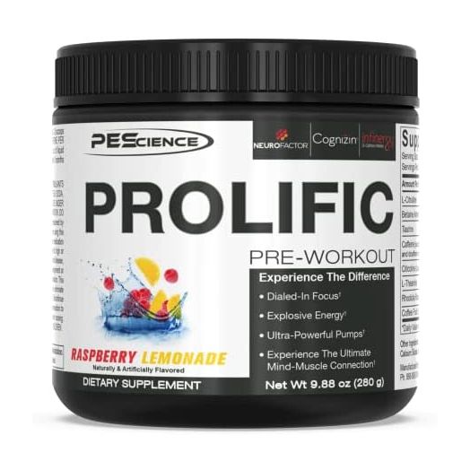 PEScience Prolific Pre Workout, Raspberry Lemonade, 40 Scoop, Energy Supplement with Nitric Oxide