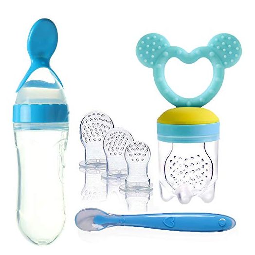 Gedebey Baby Fruit Feeder/Baby Food Feeder Pacifiers - (3 Pack) 1 Pacifier, 1 Silicone Spoon, 1 Squeeze Bottle Fresh Milk Frozen Infant Teething Toy Teether Teeth Relief Toys Feeding (Blue Mickey)