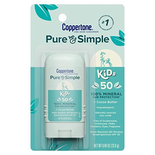 Coppertone Pure and Simple Kids Sunscreen Stick SPF 50, Zinc Oxide Mineral Sunscreen Stick for Kids, Tear Free, Water Resistant, Broad Spectrum SPF 50 Sunscreen, 0.49 Oz Stick