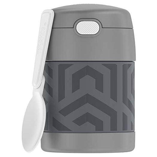 THERMOS FUNTAINER 10 Ounce Stainless Steel Vacuum Insulated Kids Food Jar with Folding Spoon, Grey And Aqua Waves