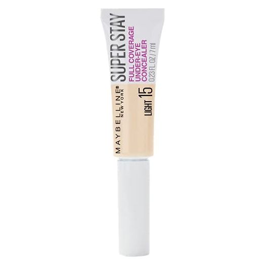 Maybelline New York Super Stay Full Coverage, Brightening, Long Lasting, Under Eye Concealer Liquid Makeup for up to 24H Wear, with Paddle Applicator, 15 Light, 0.23 Fl Oz
