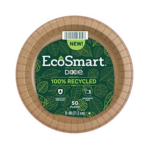 EcoSmart® from The Makers of Dixie® 100% Recycled Fiber Paper Plates, 8.5” Lunch or Light Dinner Size Disposable Plate, 50 Eco-Friendly Plates