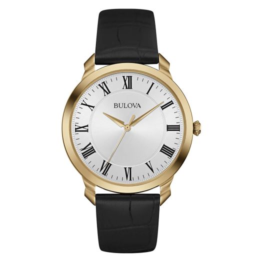Bulova Men's Classic 3-Hand Quartz Black Leather Strap Watch, Roman Numeral Markers, 41mm