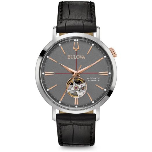 Bulova Men's Classic Aerojet 3-Hand Automatic Leather Strap Watch, Open Aperture, 40-Hour Power Reserve, Double Curved Mineral Crystal, 41mm