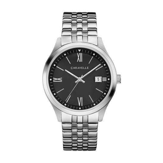 Caravelle by Bulova Men's Dress Quartz Silver Tone Stainless Steel Watch, Black Dial Style: 43B158