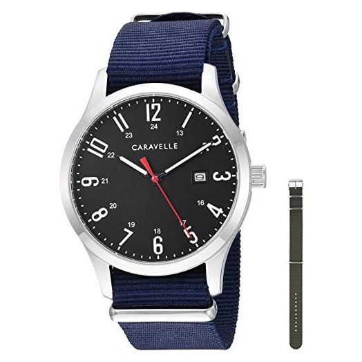 Caravelle Traditional Quartz Mens Watch, Stainless Steel with Blue Nylon Strap, Silver-Tone (Model: 43B160)