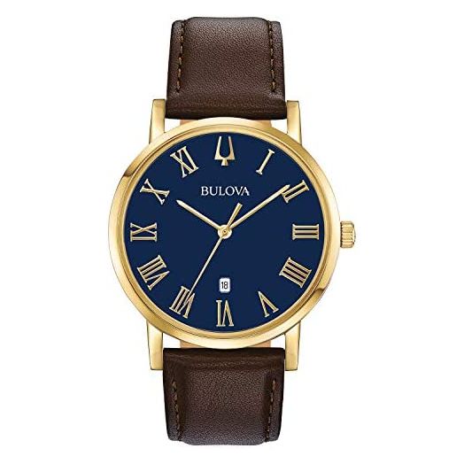 Bulova Classic Quartz Mens Watch, Stainless Steel with Brown Leather Strap, Gold-Tone (Model: 97B177)