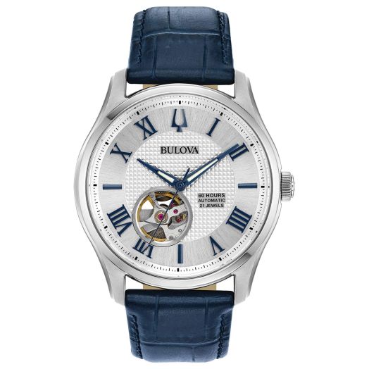 Bulova Men's Classic Wilton 26-Jewel Automatic Leather Strap Watch, 40 Hour Power Reserve, Domed Sapphire Crystal, Exhibition Case Back, Luminous Hands, 43mm