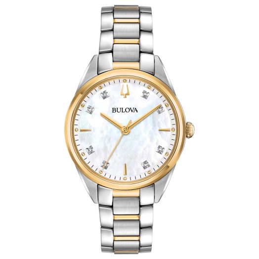 Bulova Ladies' Sutton Two-Tone Stainless Steel 3-Hand Quartz, White Mother-of-Pearl Dial, Sapphire Crystal, Diamond Dial Style: 98P184