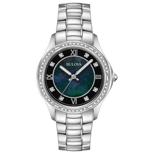Bulova Ladies' Classic Crystal Stainless Steel 2-Hand Quartz Watch, Black Mother-of-Pearl Dial Style: 96L266