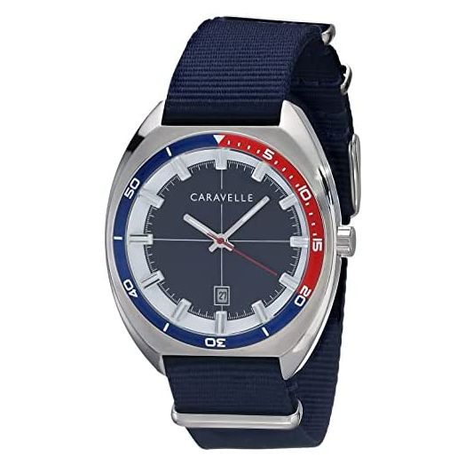 Caravelle Retro Quartz Mens Watch, Stainless Steel with Blue Nylon Strap, Silver-Tone (Model: 43B167)