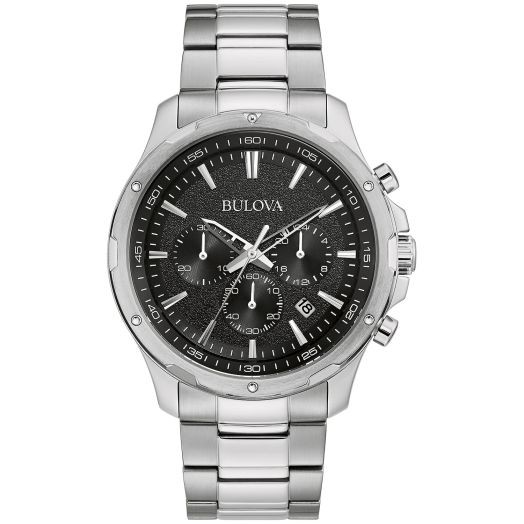 Bulova Men's Classic Stainless Steel Six-Hand Chronograph Quartz Watch, Black Dial, 43mm Style: 96B336