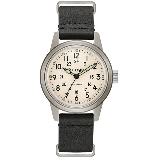 Bulova Men's Military Heritage Hack Stainless Steel 3-Hand Automatic Watch, NATO Leather Strap, Luminous Hands and Markers