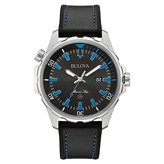 Bulova Marine Star Quartz Mens Watch, Stainless Steel with Black Leather and Silicone Strap, Silver-Tone (Model: 96B337)