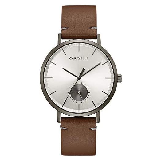 Caravelle min/Max Quartz Mens Watch, Stainless Steel with Brown Leather Strap
