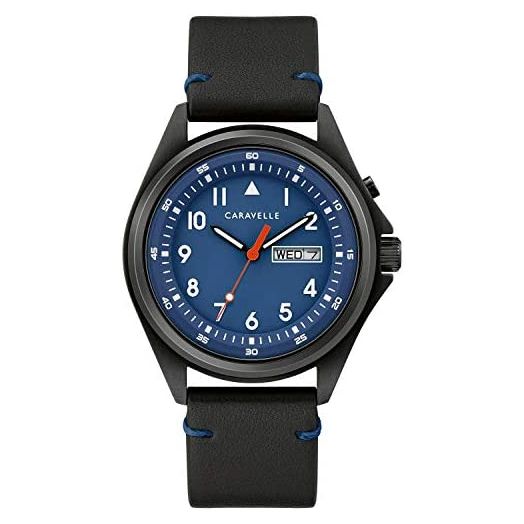 Caravelle Designed by Bulova Traditional Quartz Mens Stainless Steel with Black Leather StrapLight Up