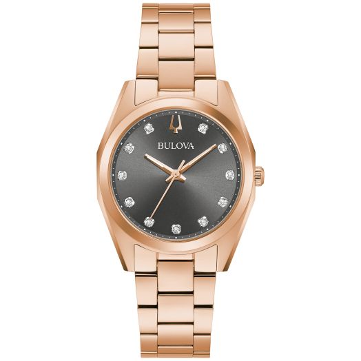 Bulova Ladies' Classic Surveyor Diamond Rose Gold Stainless Steel 3-Hand Quartz Watch, Gray Dial: 97P156
