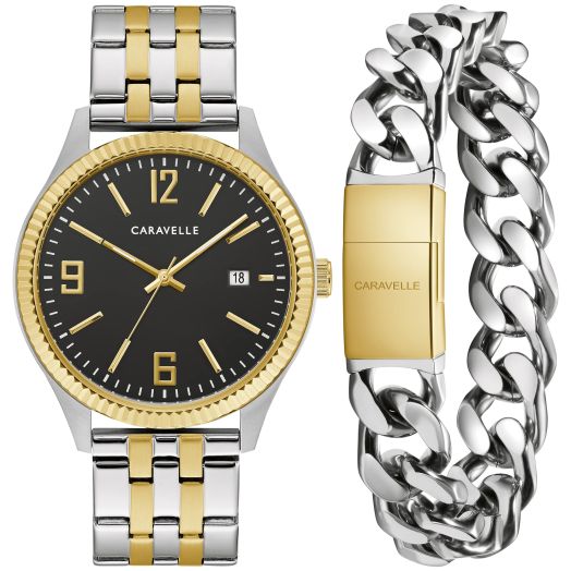 Caravelle by Bulova Men's Classic Two-Tone Stainless Steel 3-Hand Date Watch and Bracelet Box Set, 41mm Style: 45K000