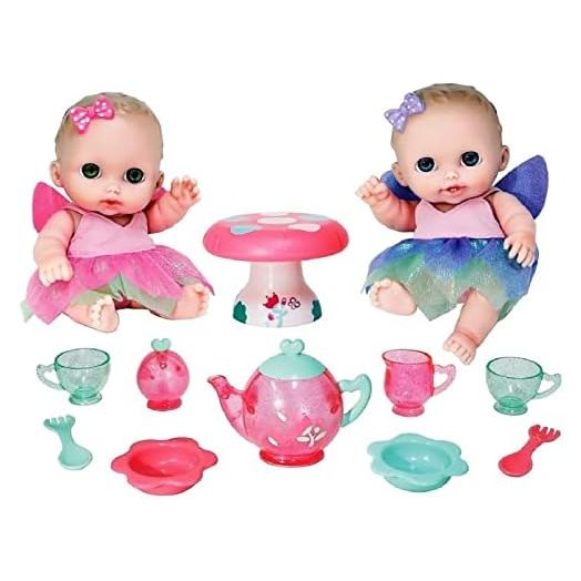 JC Toys Lil Cutesies Twin 8.5" All Vinyl Dolls and Fairy Tea Set | Posable and Washable | Removable Outfits | Twin Dolls and Tea Accessories Ages 2+