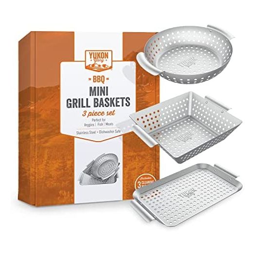 Yukon Glory Grill Basket 3-Piece Mini Grilling Basket Set - Stainless Steel Perforated Grill Baskets for Grilling Veggies Seafood and Meats Includes Grill Pan - Square Basket and Circular Basket