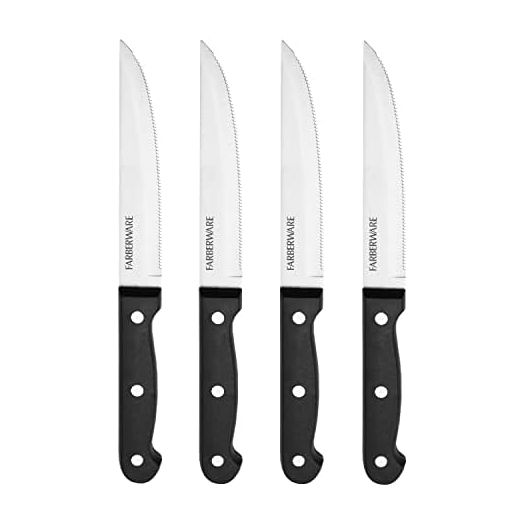 Farberware 4-Piece Full-Tang Triple Rivet 'Never Needs Sharpening' Stainless Steel Steak Knife Set, Black