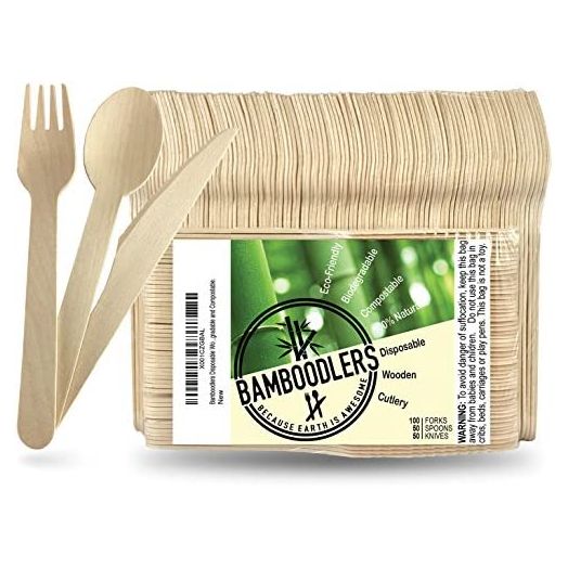 BAMBOODLERS Disposable Wooden Cutlery Set | 100% All-Natural, Eco-Friendly, Biodegradable, and Compostable - Because Earth is Awesome! Pack of 200- 6.5” utensils (100 forks, 50 spoons, 50 knives)