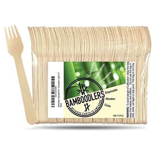 Disposable Wooden Forks by Bamboodlers | 100% All-Natural, Eco-Friendly, Biodegradable, and Compostable - Because Earth is Awesome! Pack of 100-6.5" Forks.