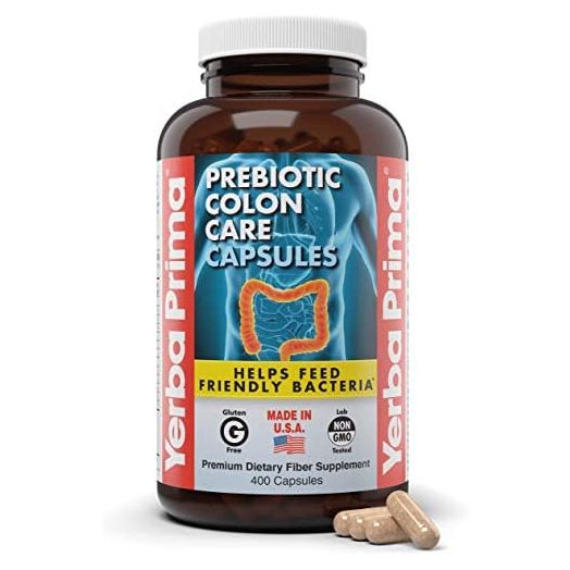 Yerba Prima Prebiotic Colon Care Capsules, 400 Caps - Five Forms of Fiber Plus FOS Pre-biotics - Dietary Health Supplement - Healthy Soluble & Insoluble Fibers for Regularity & Digestive Support