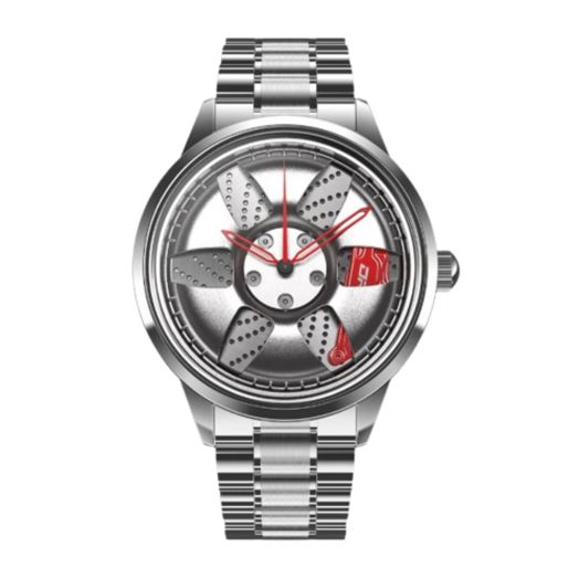 DriftElement Drop Center Rim Watch Men 3D Design Motorsport Wrist Watch Men Personalized Design Mineral Glass Quartz Watch, Silver, bracelet