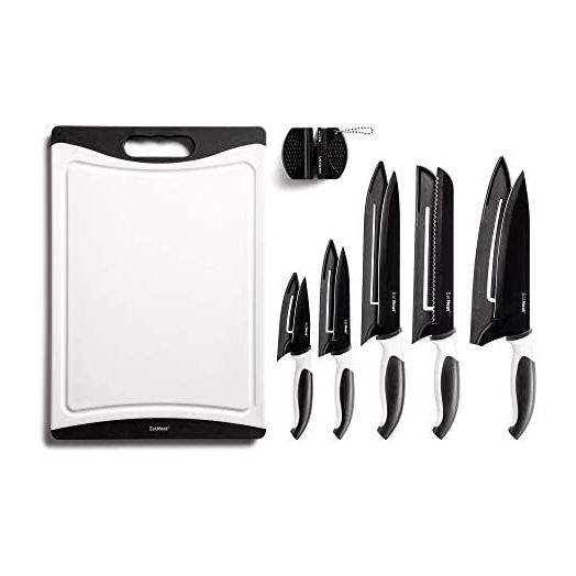 EatNeat 12-Piece Kitchen Knife Set - 5 Black Stainless Steel Knives with Sheaths, Cutting Board, and a Sharpener - Razor Sharp Cutting Tools that are Kitchen Essentials for New Home