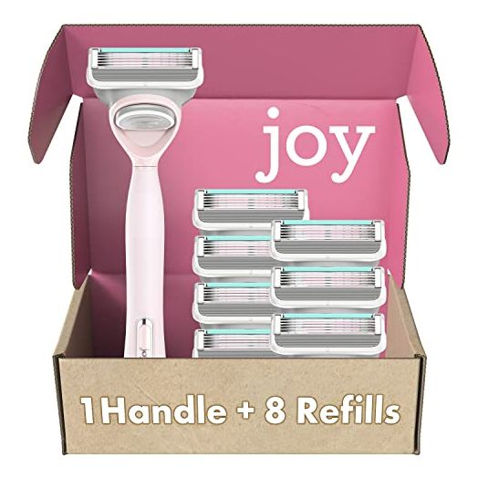 joy Razors for Women, 1 Handle, 8 Razor Blade Refills, Pink, Lubrastrip to Help Avoid Skin Irritation