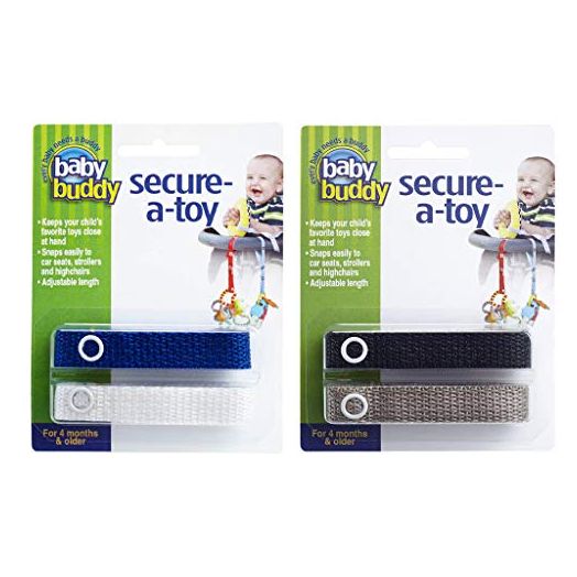 Baby Buddy Secure-A-Toy, Safety Strap Secures Toys, Teether, Pacifiers to Strollers, Highchairs, Car Seats, Adjustable, Keep Toys Sanitary, Registry Must Haves, Boys Colors (Colors May Vary), 4 Count