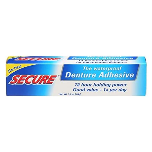 Secure Waterproof Denture Adhesive, Zinc Free, Extra Strong Hold For Upper, Lower or Partials, 1.4 oz