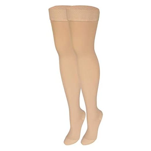NuVein Medical Compression Stockings, 20-30 mmHg Support, Women & Men Thigh Length Hose, Closed Toe, Beige, Medium