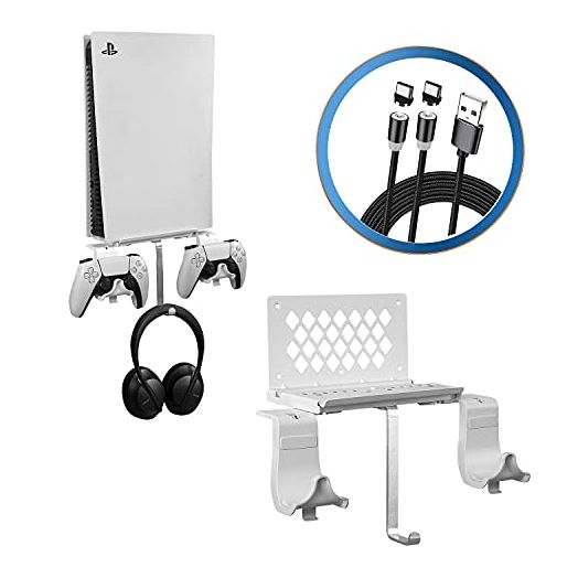 Hosanwell PS5 Wall Mount - 5 in 1 PlayStation 5 Wall Mount Kit with 2 Way Magnetic Charging Cable, Detachable Controller Holder & Headphone Hanger, with Non-Slip Mat, white