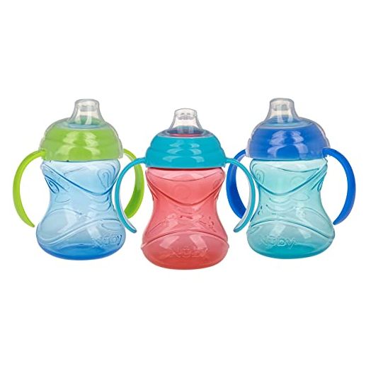 Nuby 3 Piece No-Spill Grip N’ Sip Cup with Soft Flex Spout, 2 Handle with Clik It Lock Feature, Boy, 10 Ounce