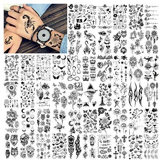 FANRUI 52 Sheets Creative Black Tiny Crown Infinity Triangle Fake Tattoos For Men Women Realistic Stars Letters Tattoos For Kids Tattoos Temporary Waterproof Arm Hand Face Finger Neck Tatoo Stickers