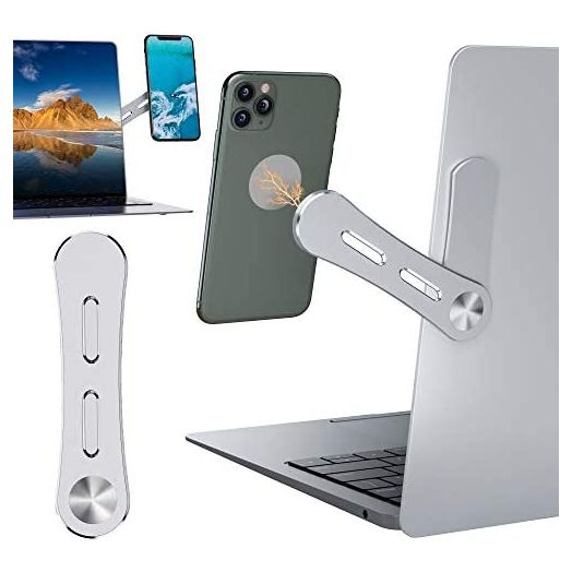 DK177 Magnetic Phone Holder, Laptop or Desktop Monitor Side Mount Phone Holder, Slim Portable Foldable Smartphone Stand, Computer Monitor Expansion Bracket, Silver